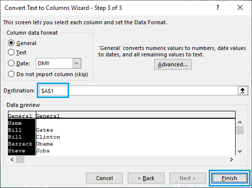 Separate First and Last Names Using Text to Columns Wizard