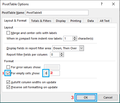 Pivot Table Options Dialogue Box