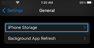 iPhone Storage Settings Option on iPhone