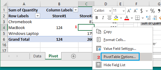 Open Pivot Table Options