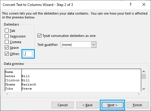 Select Delimiters Convert Text to Columns Wizard