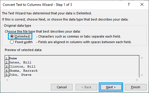 Select Data Type in Excel Text to Columns Wizard
