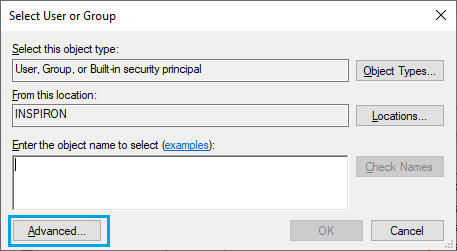 Adavnced Option on Select User or Group Screen in Windows