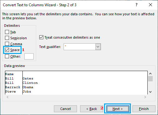 Select Delimiters Convert Text to Columns Wizard