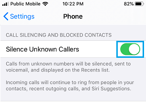 Silence Unknown Callers Option on iPhone