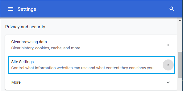 Site Settings Option in Google Chrome