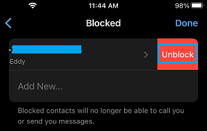 Unblock Contact Button in WhatsApp on iPhone
