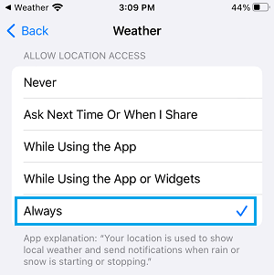 Permitir siempre que la aplicación meteorológica acceda a la ubicación en el iPhone