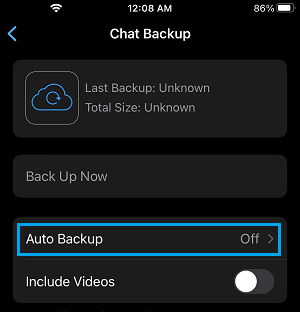 WhatsApp Auto Backup Settings Option on iPhone