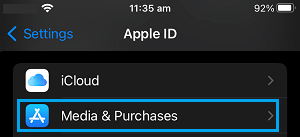 Media & Purchases Settings Option on iPhone