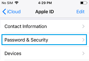 Password & Security Settings Option on iPhone