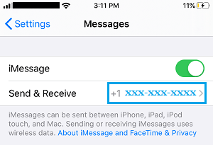 Phone Number on iMessages Settings Screen