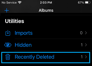 Open Recently Deleted Photos Album on iPhone