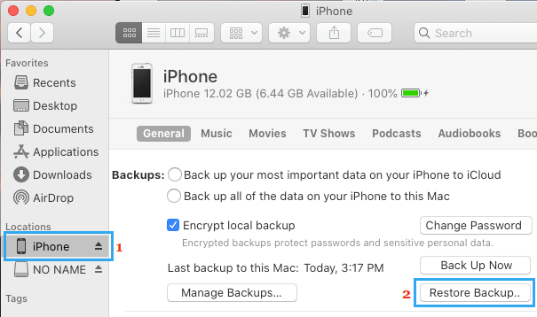 Restaurar iPhone desde la copia de seguridad en Mac