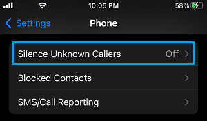 Silence Unknown Callers Settings Option on iPhone