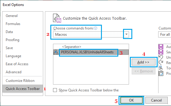 Add UnhideAllSheets Macro Icon to Quick Access Toolbar in Excel