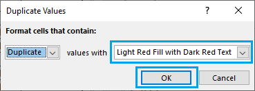 Duplicate Values Conditional Formatting Dialog Box in Excel