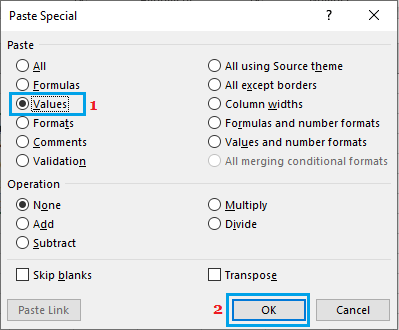 Paste Special Dialogue Box in Excel