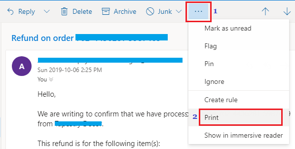 Print Email Option in Outlook Web Mail