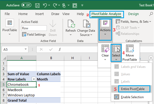 Select Entire Pivot Table Option in Excel