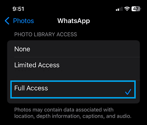 Provide WhatsApp With Photo Library Access on iPhone