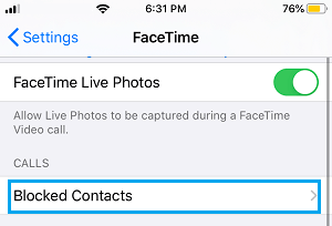 Blocked Contacts Tab on FaceTime Settings