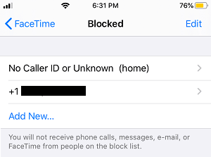 List of Blocked Numbers on iPhone FaceTime App