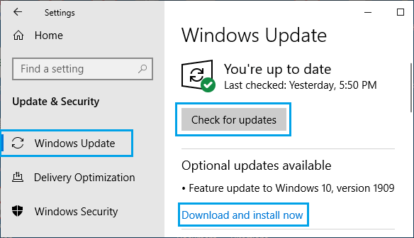 Check For Updates Option in Windows 10