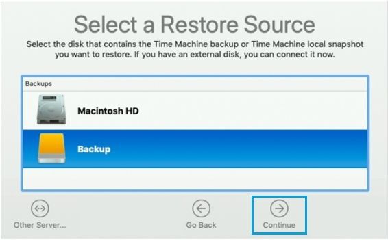 Select Time Machine Backup Restore Source