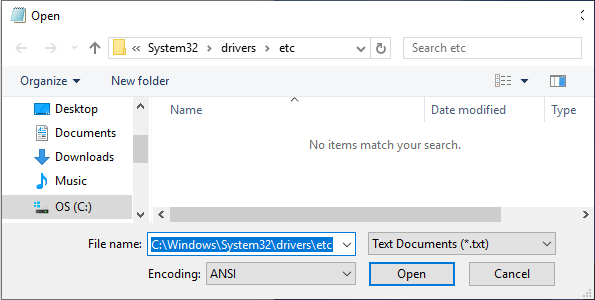 Type Path to Windows Hosts File