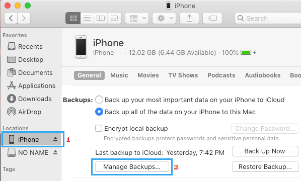 Manage iPhone Backups option on Mac