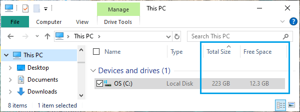 Status Of Storage Space on Windows PC