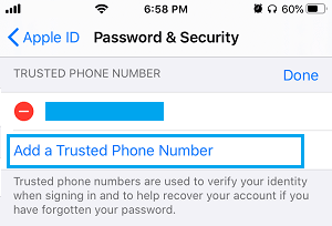 Add Trusted Phone Number to iPhone