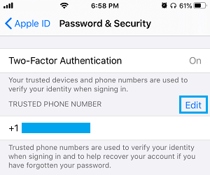 Edit Trusted Phone Number on iPhone