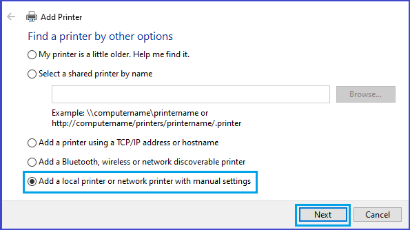 Add Local or Network Printer Option in Windows