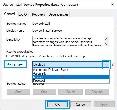 Change Device Install Service Start Up Type