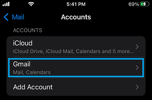 Gmail on Mail Account Settings Screen on iPhone