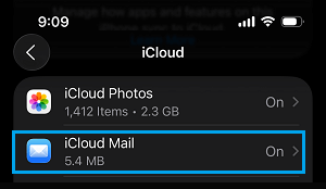 Select iCloud Mail Tab on iPhone