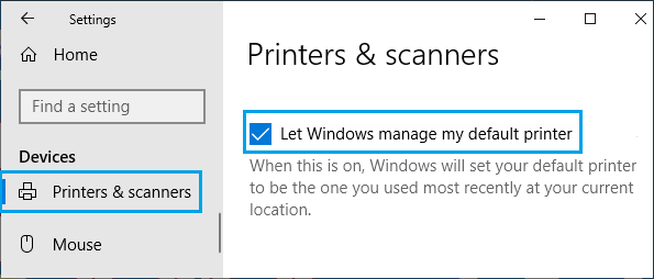 Let Windows Manage My Default Printer Option