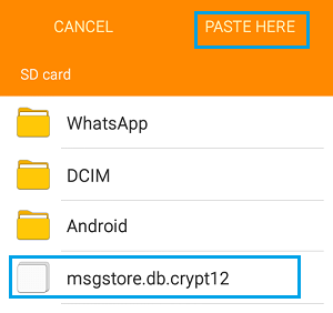 Paste WhatsApp Backup to SD Card