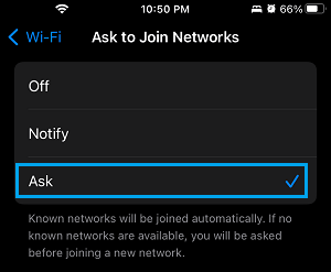 Ask to Join Networks Option on iPhone