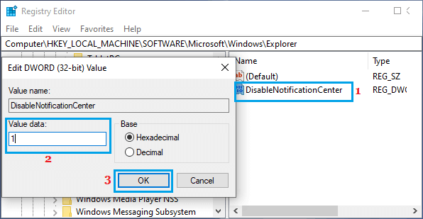 Disable Notification and Action Center Using Registry Editor
