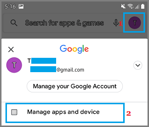 Manage Apps & Device Option on Google Play Store