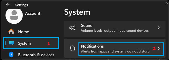 Notifications Settings Option in Windows