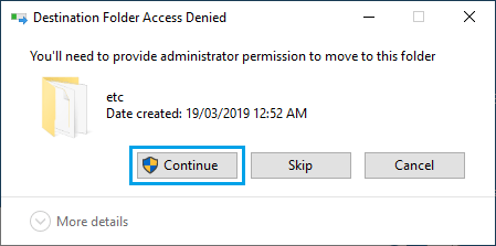 Destination Folder Access Denied Pop-up