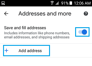Add Address Option in Chrome Browser on Android Phone