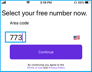 Enter US Area Code in TextNow