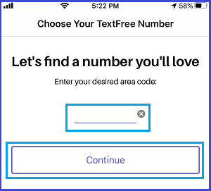 Enter Area Code to get TextFree Number