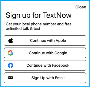 TextNow sign Up Options