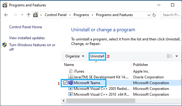 Uninstall Microsoft Teams in Control Panel